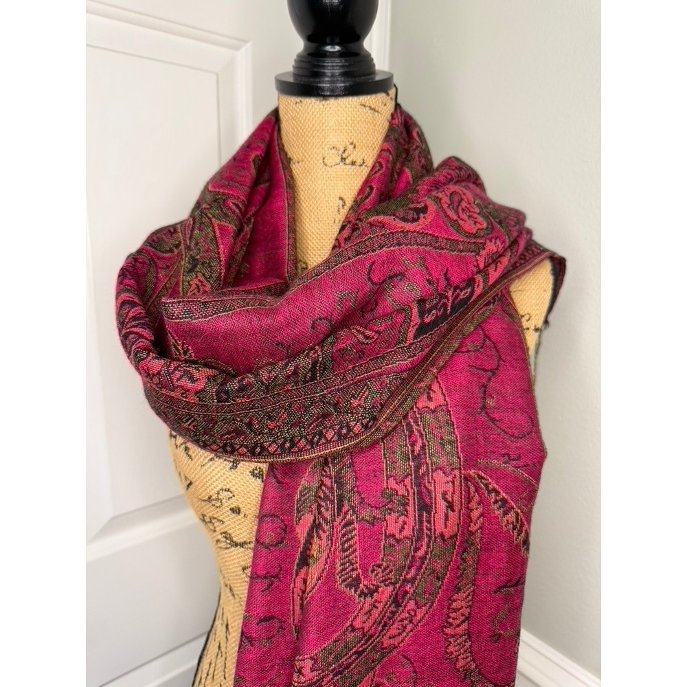 Magenta Paisley Pashmina Shawl Scarf Pink Red Olive Green Jacquard Fringe Wrap - Picture 2 of 4